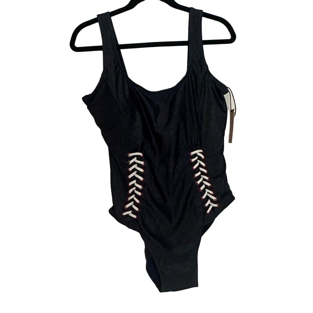 NWT 1x Juicy Couture 1Piece Plus Lace Up Swim Suit in Blue Denim